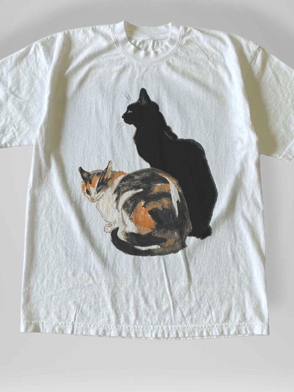 Gildan White Tee with Black and Calico Cat Illustration